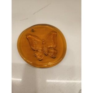 Vintage Pressed Glass Suncatcher With Butterfly Design Amber Glass 3.5" Round